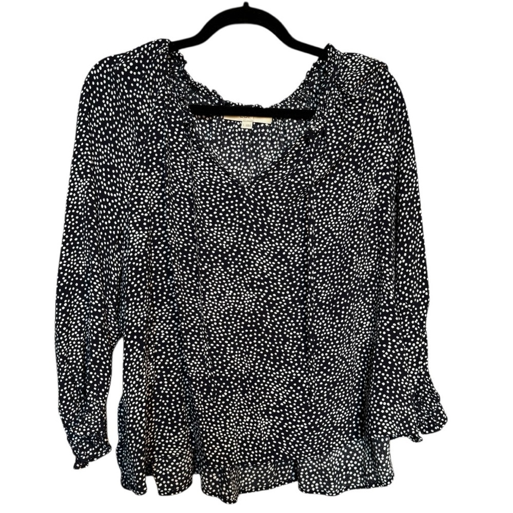 LOFT Navy Blue & White Polka Dot Long Sleeved‎ Blouse Tie Front Large